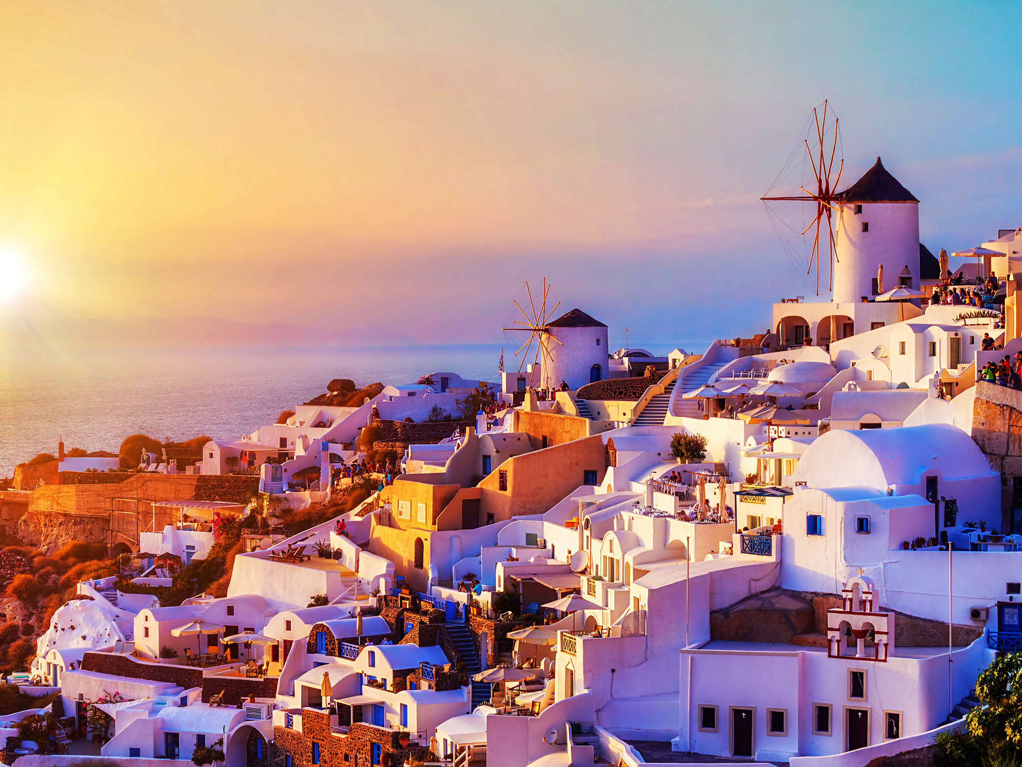 The spectacular sunset over the Oia village in Santorini, Greece