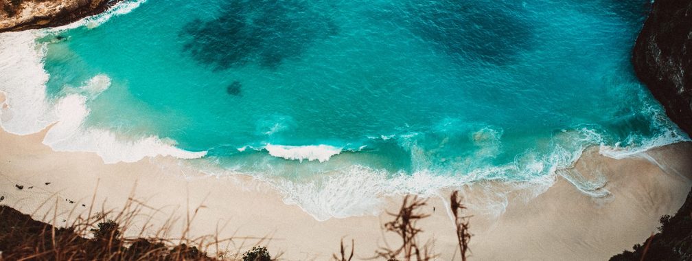 Aerial panorama over the Kelingking Beach, Indonesia