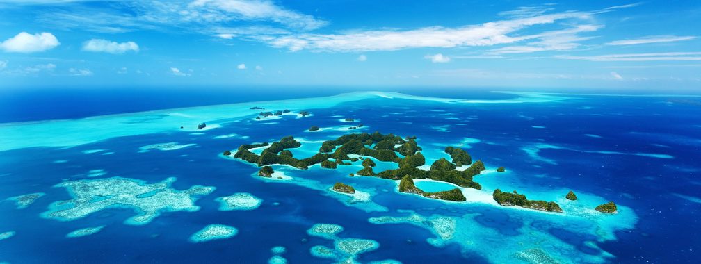 Beautiful view of 70 islands in Palau, the Pacific Ocean from above