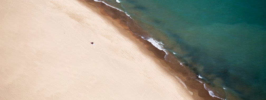 Drone view of sand shoreline in Chicago, Illinois, USA