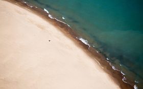 Drone view of sand shoreline in Chicago, Illinois, USA