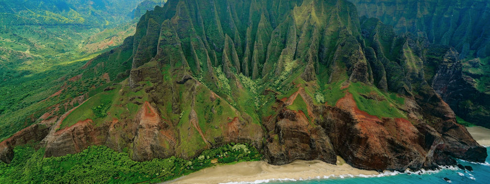 Helicopter view of one of the most amazing landscapes in Kālepa Ridge, Hawaii, USA