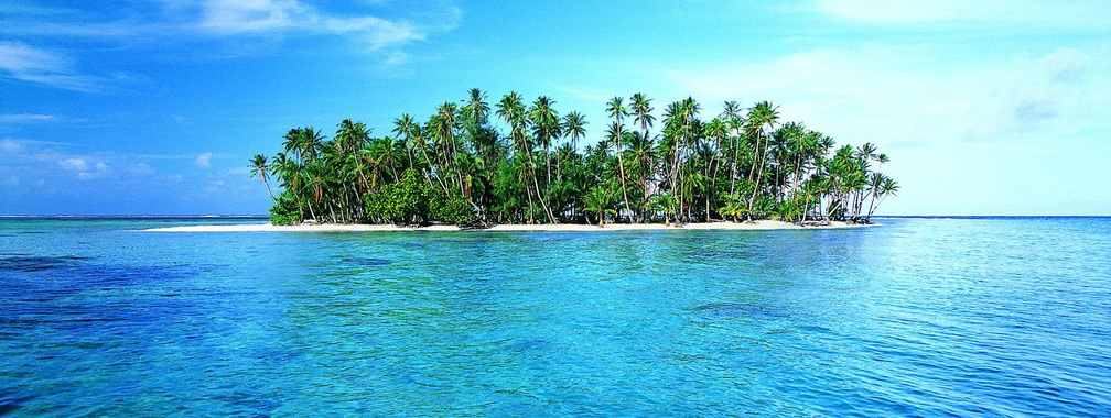 Lonely island with white sand and green tropic palms wallpaper