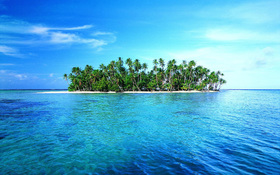 Lonely island with white sand and green tropic palms wallpaper