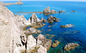Spain rocky coast with blue sea in the Cabo de Gata Nijar natural park