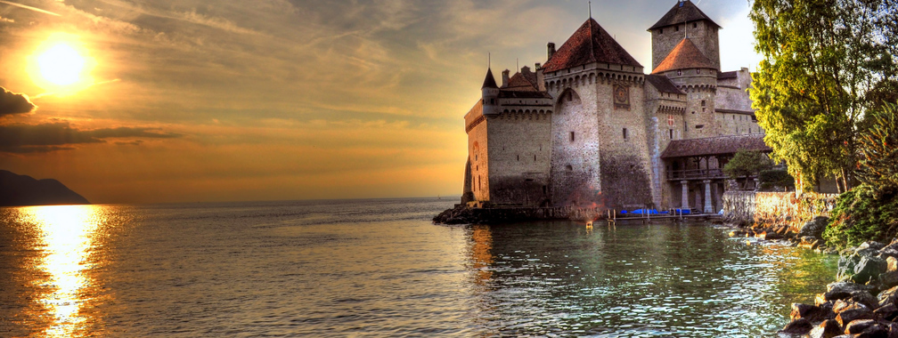 The charming beach of Chillon Castle, Lake Geneva