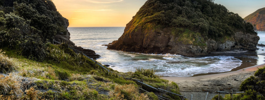 The island surrounded by trees on O’Neill Bay in New Zealand