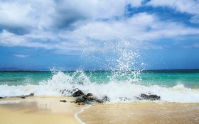 The pristine coastline with emerald green waters in Fuerteventura, Spain