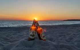 Two beer bottles at sunset in Toxic Beach, Rosignano, Italy