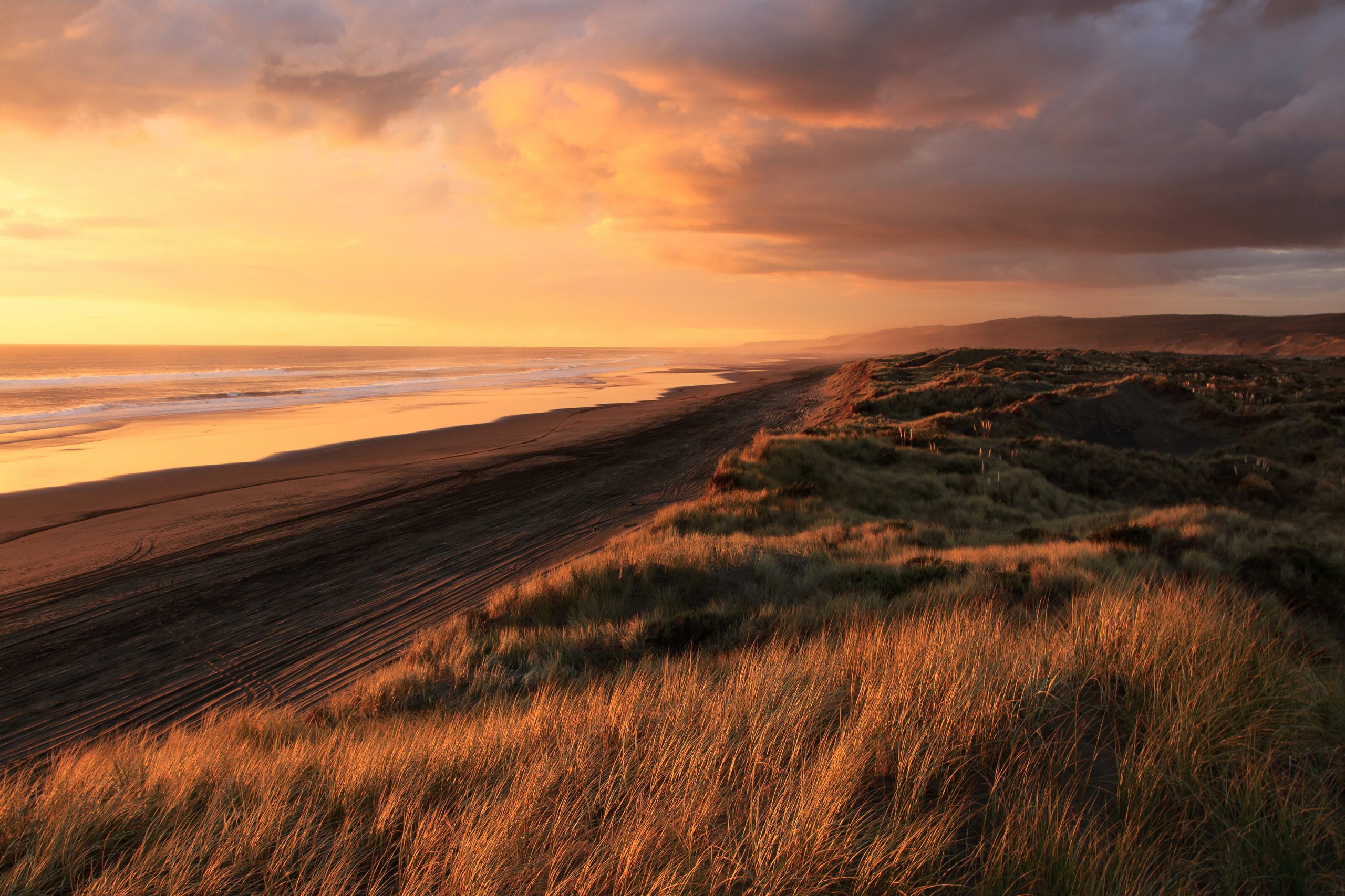 Cloudy sunset over the sand dunes in Port Waikato, New Zealand Beach
